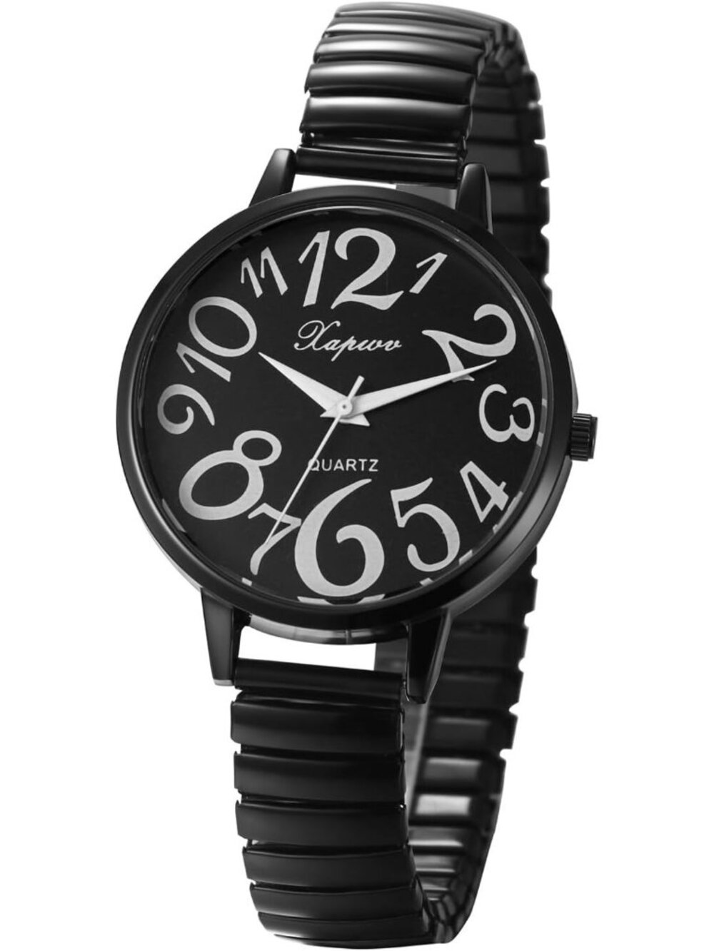 Women's All Black Analog Quartz Big Numbers Easy Reader Stretch Band Wrist Watch